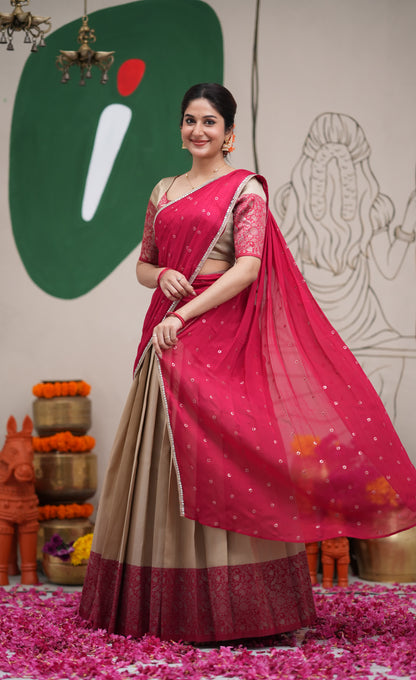 Padmakshi Creamish Gold and Red Blended Silk Halfsaree