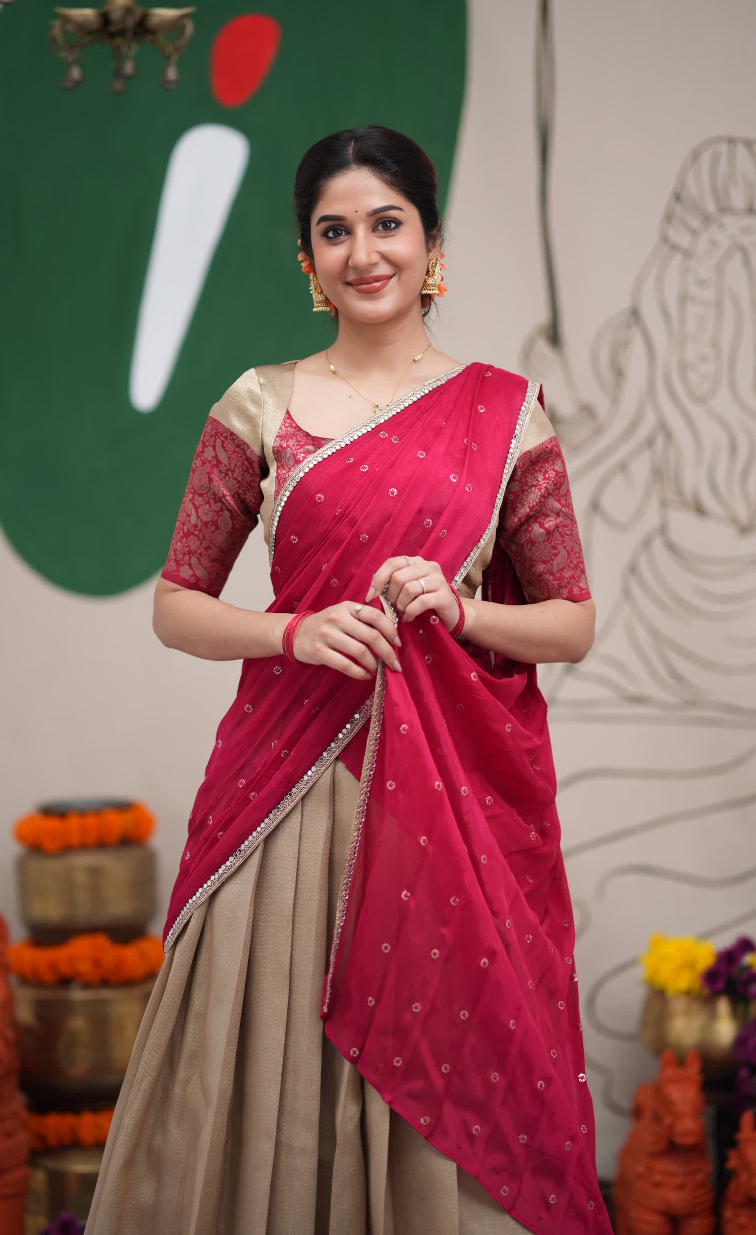 Padmakshi Creamish Gold and Red Blended Silk Halfsaree