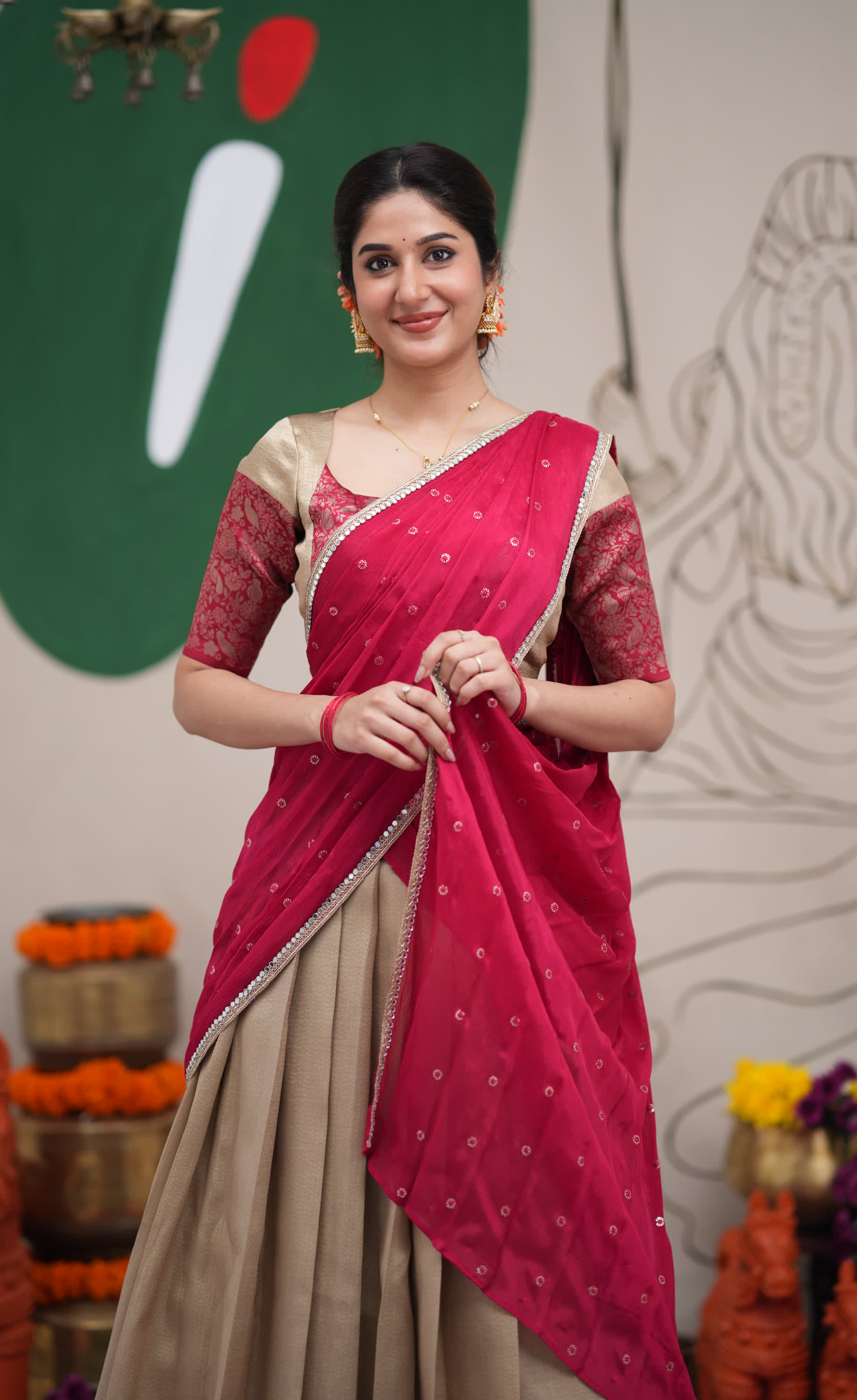 Padmakshi Creamish Gold and Red Blended Silk Halfsaree