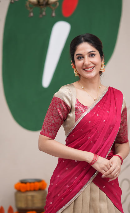 Padmakshi Creamish Gold and Red Blended Silk Halfsaree