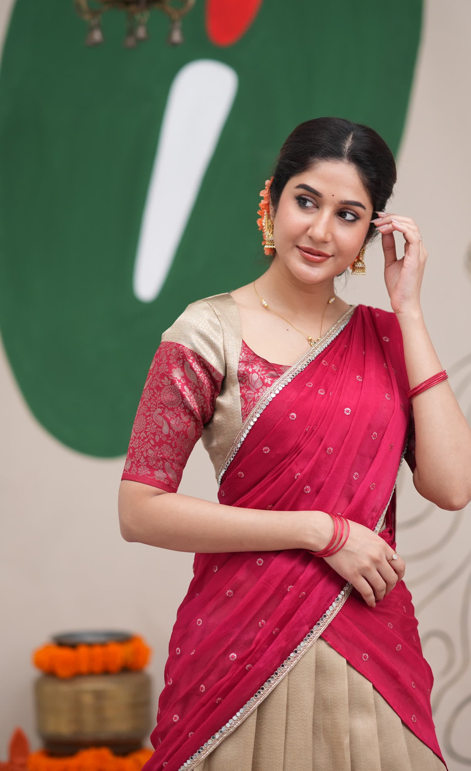 Padmakshi Creamish Gold and Red Blended Silk Halfsaree