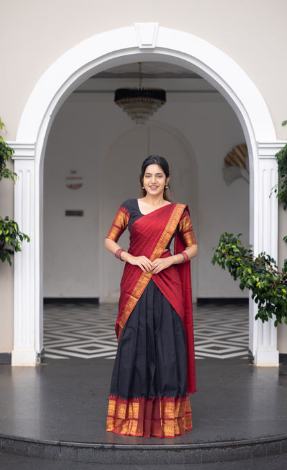 Padmaja Cotton Half Saree - Black and Maroon