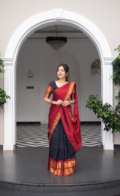 Padmaja Cotton Half Saree - Black and Maroon