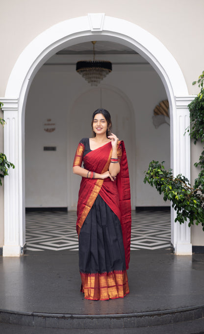 Padmaja Cotton Half Saree - Black and Maroon