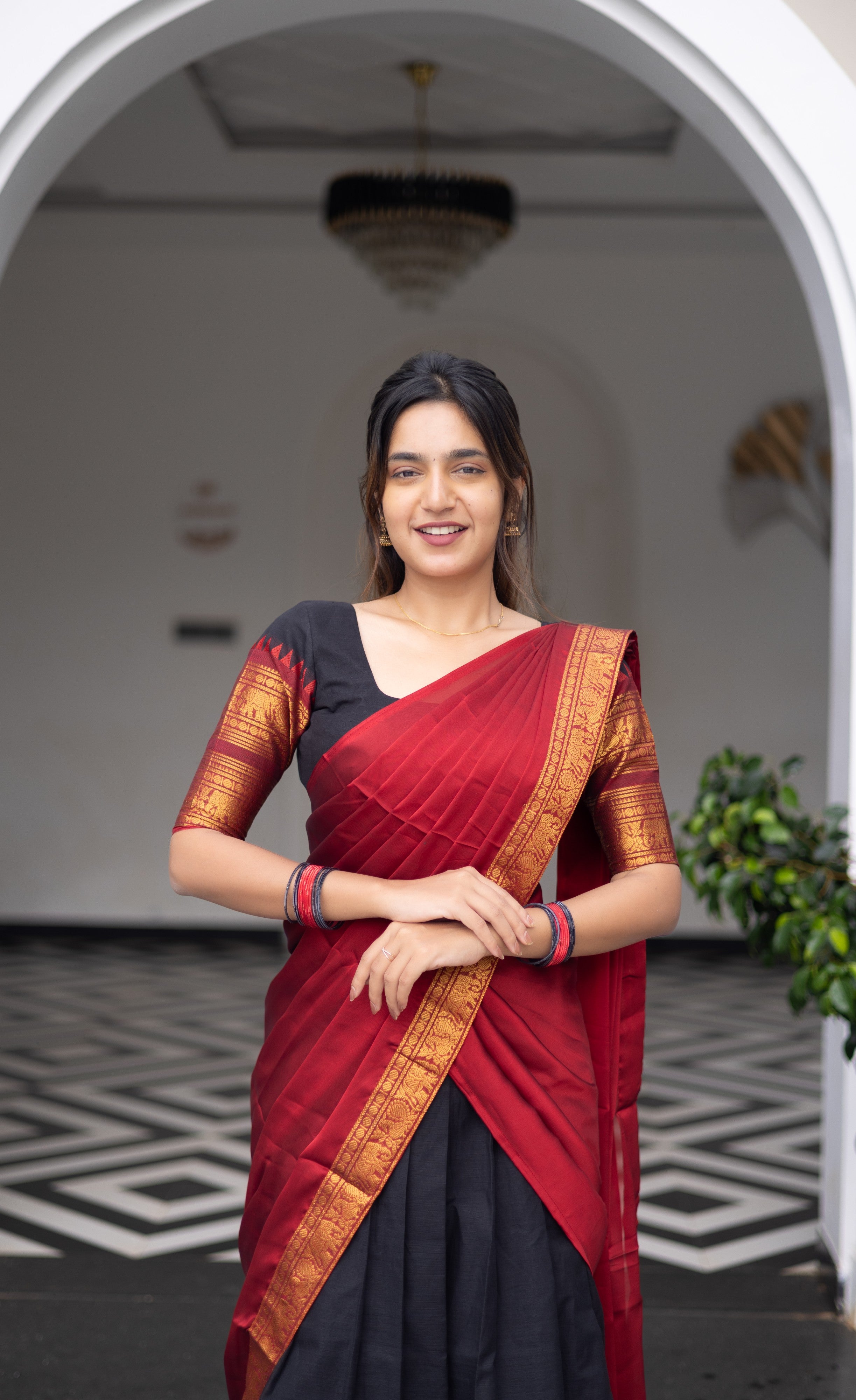 Padmaja Cotton Half Saree - Black and Maroon