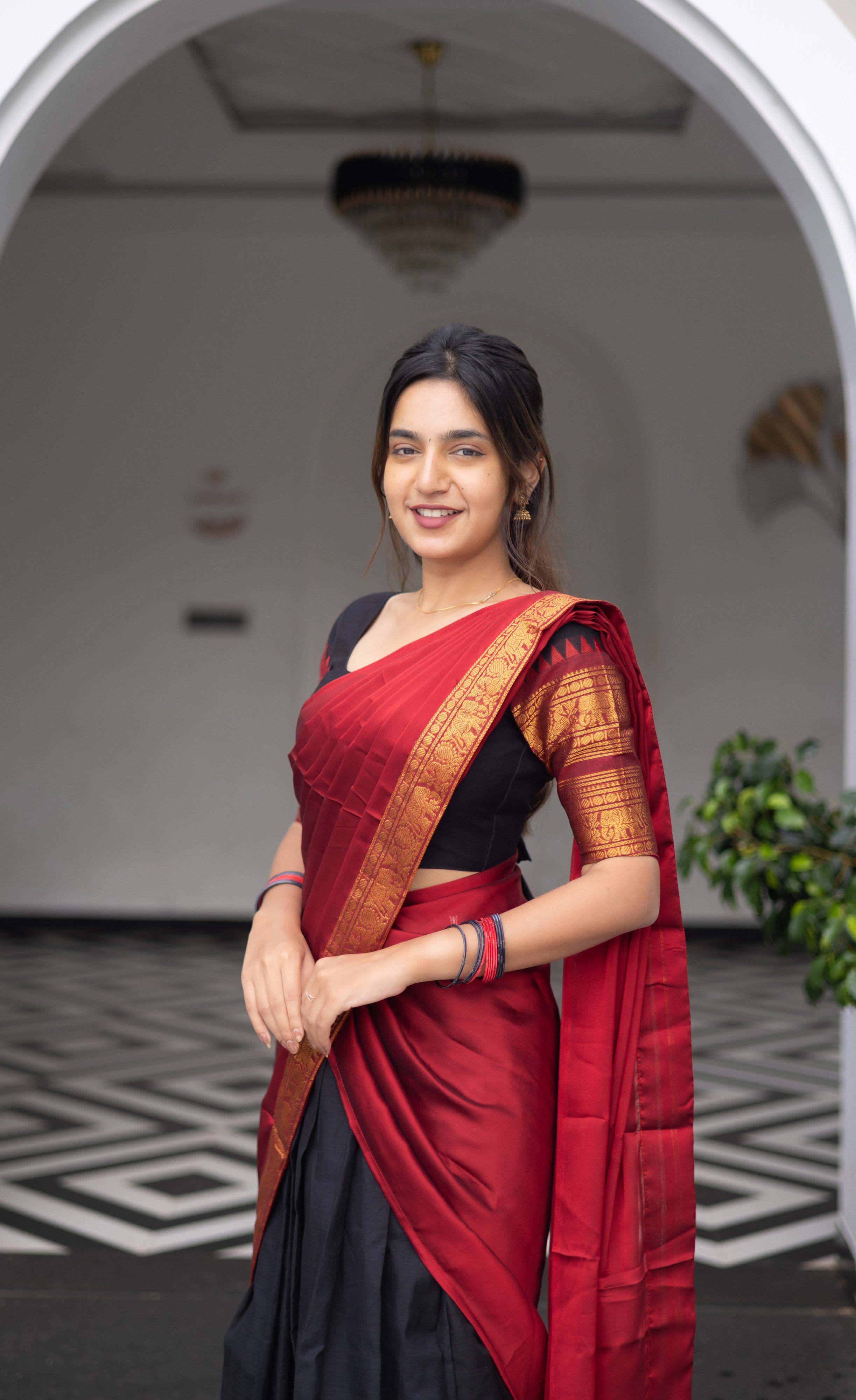 Padmaja Cotton Half Saree - Black and Maroon