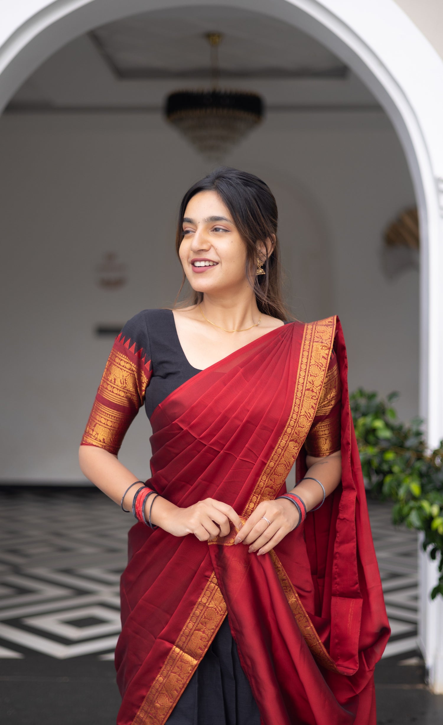 Padmaja Cotton Half Saree - Black and Maroon