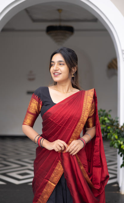Padmaja Cotton Half Saree - Black and Maroon