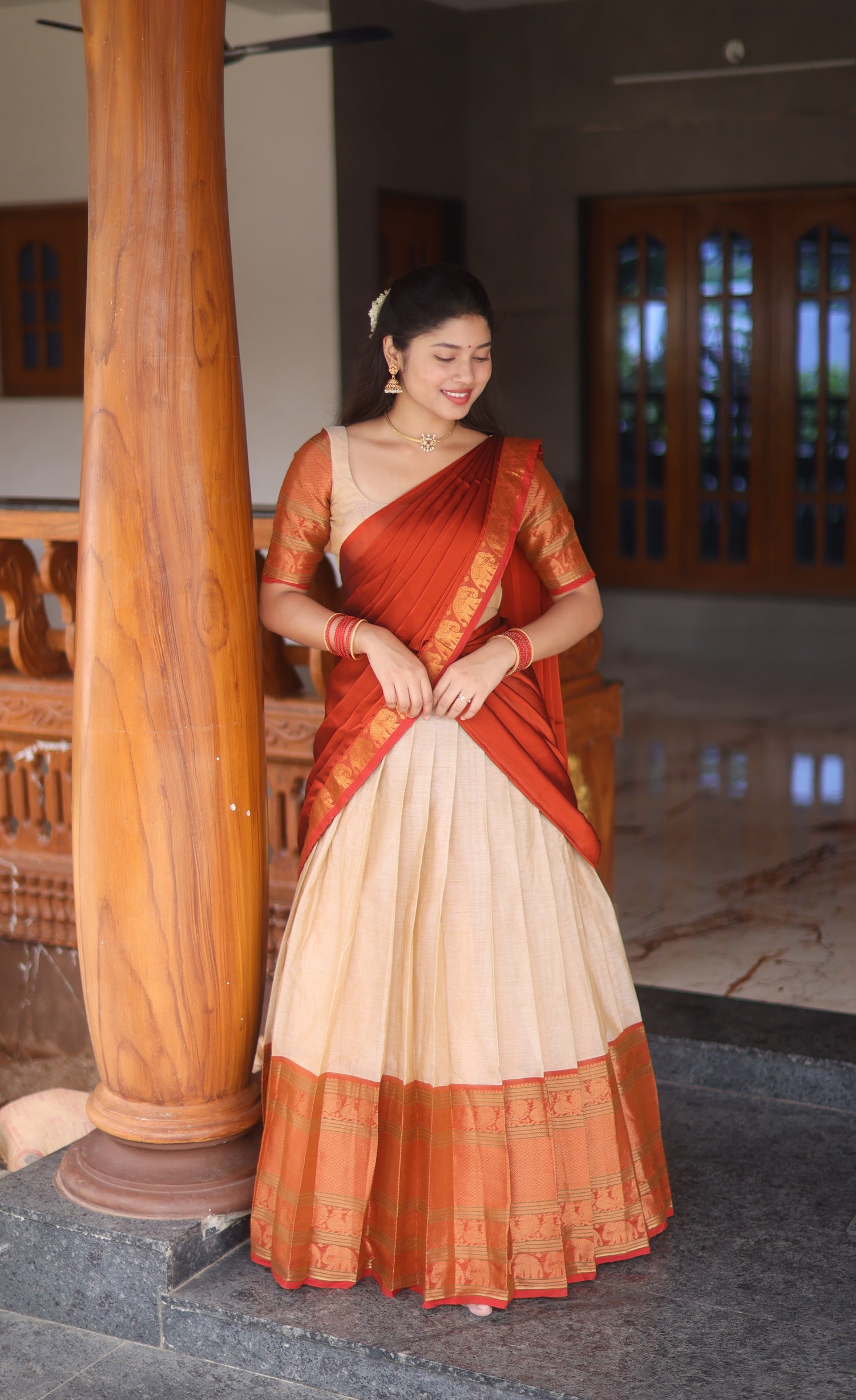 Padmaja Cotton Half Saree - Creamish beige and Rust orange