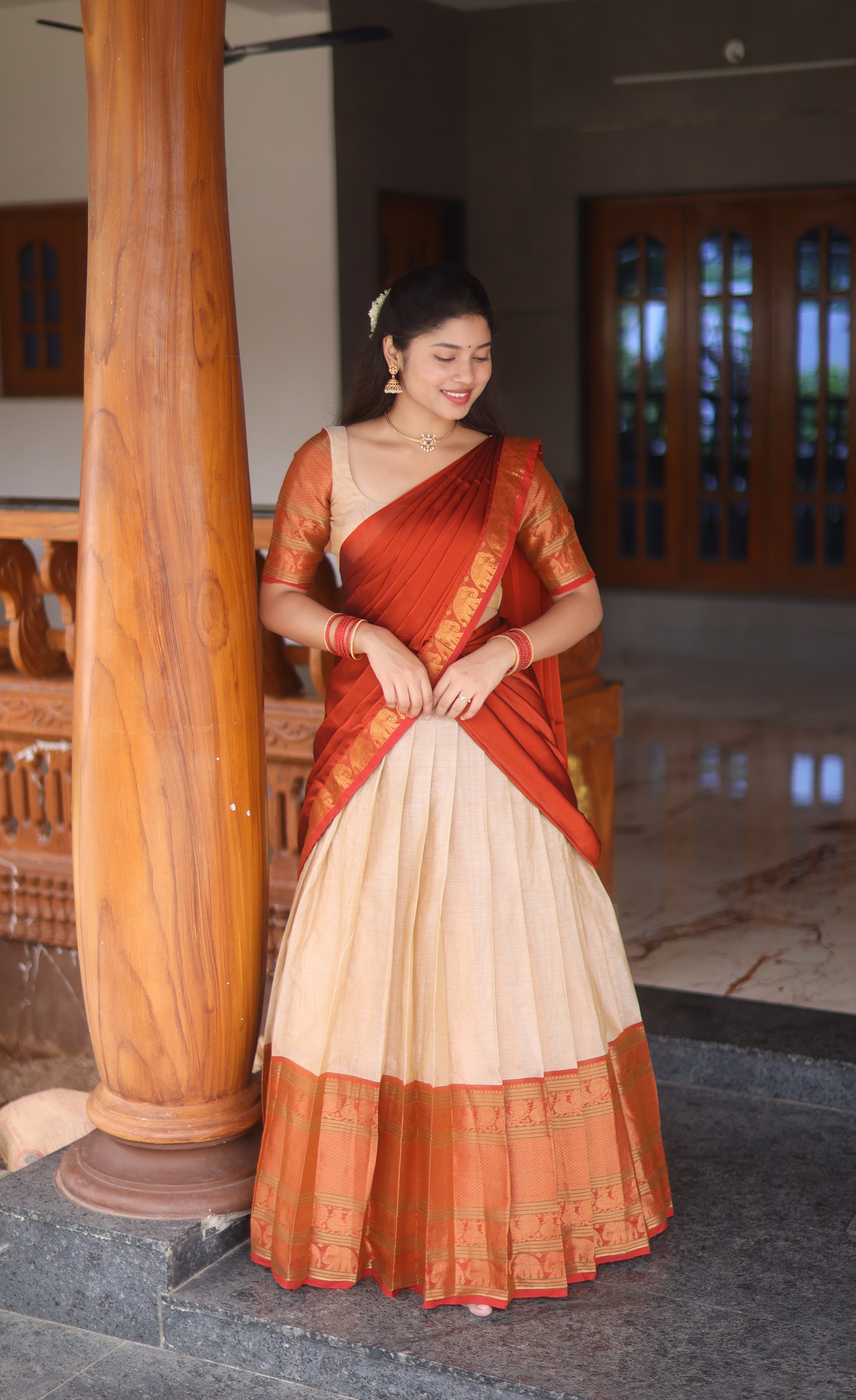 Padmaja Cotton Half Saree - Creamish beige and Rust orange