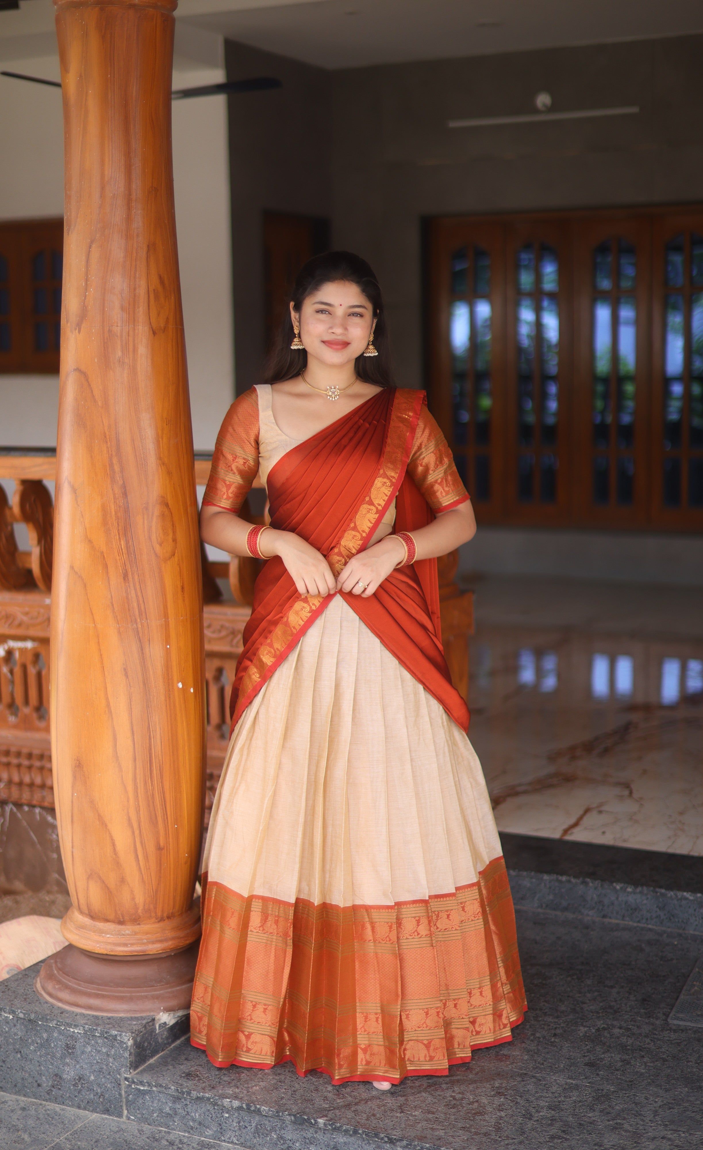 Padmaja Cotton Half Saree - Creamish beige and Rust orange