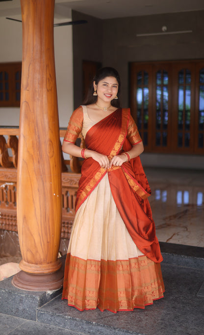 Padmaja Cotton Half Saree - Creamish beige and Rust orange