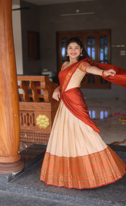 Padmaja Cotton Half Saree - Creamish beige and Rust orange