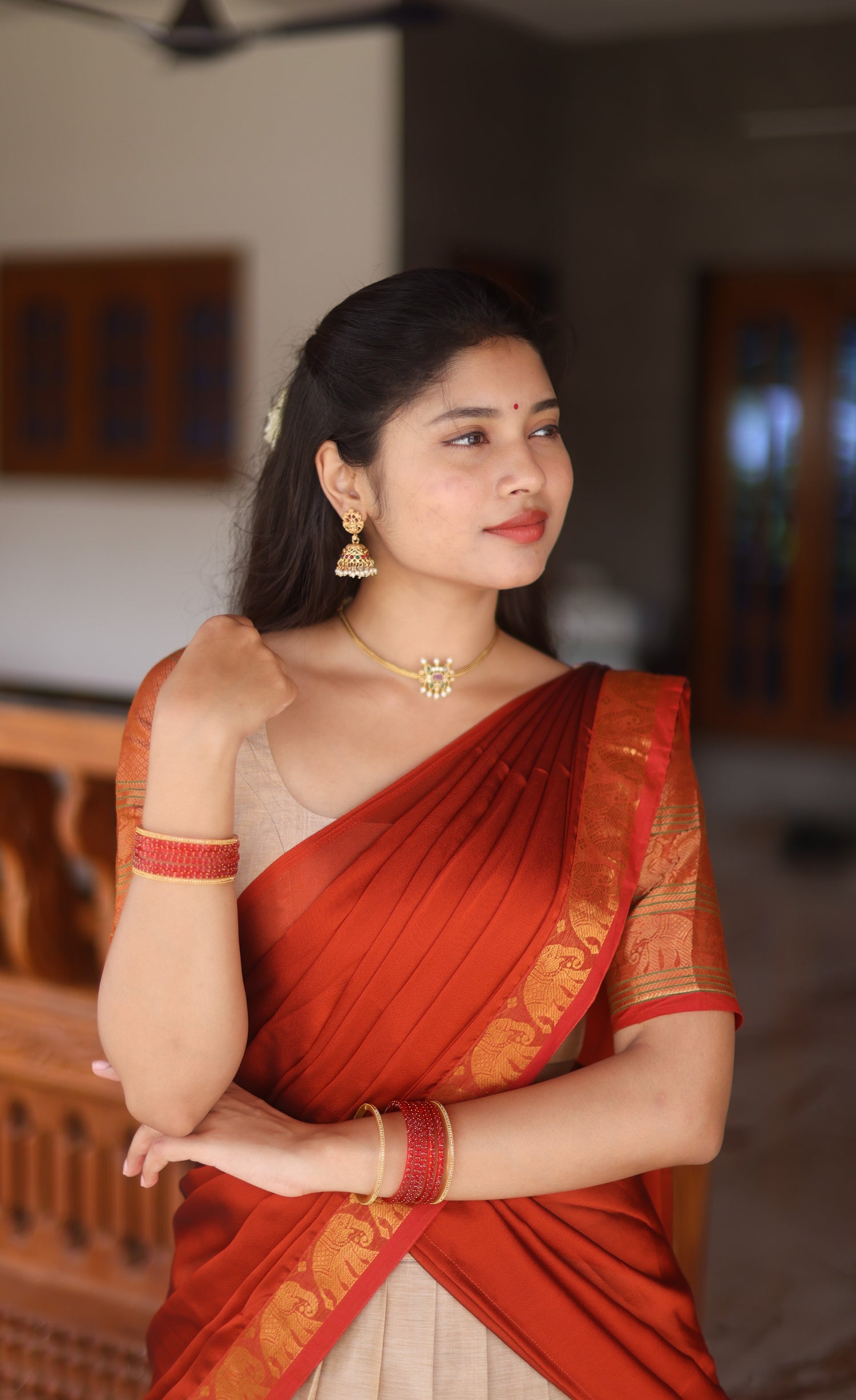 Padmaja Cotton Half Saree - Creamish beige and Rust orange