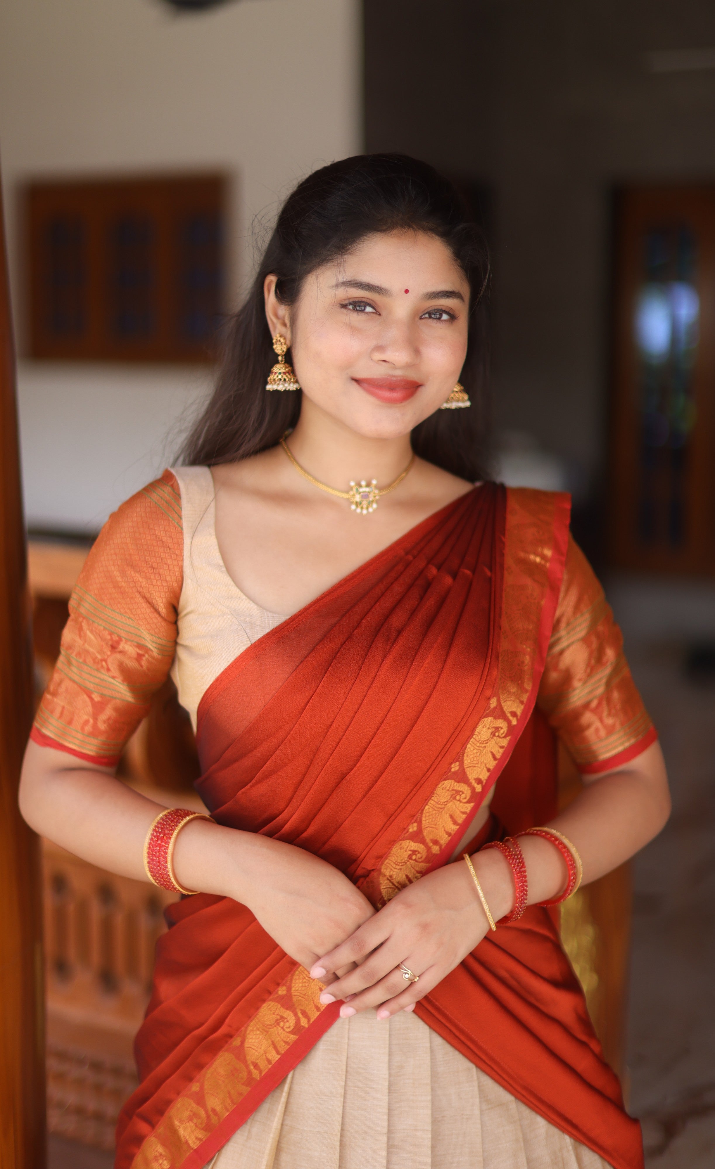 Padmaja Cotton Half Saree - Creamish beige and Rust orange