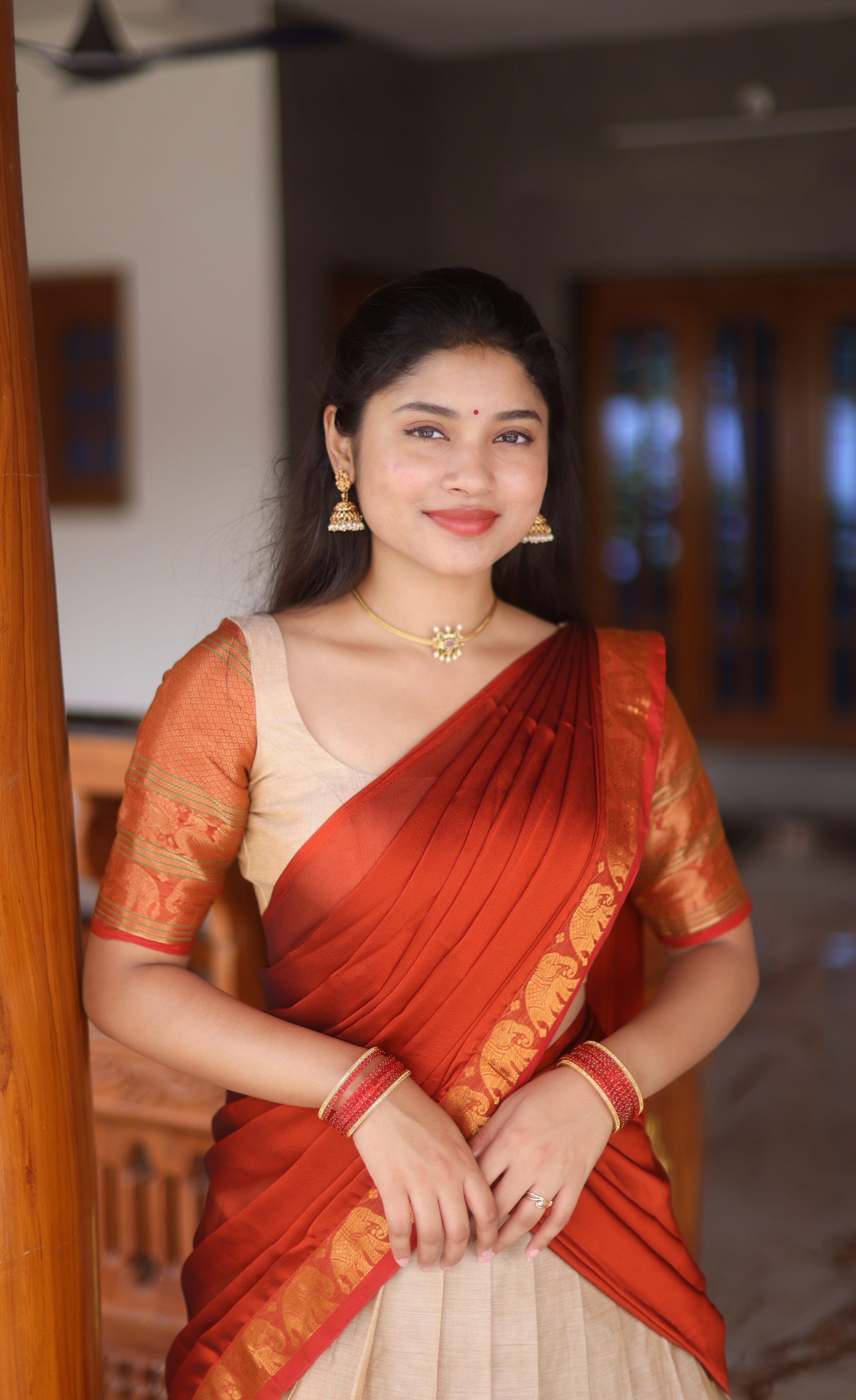 Padmaja Cotton Half Saree - Creamish beige and Rust orange