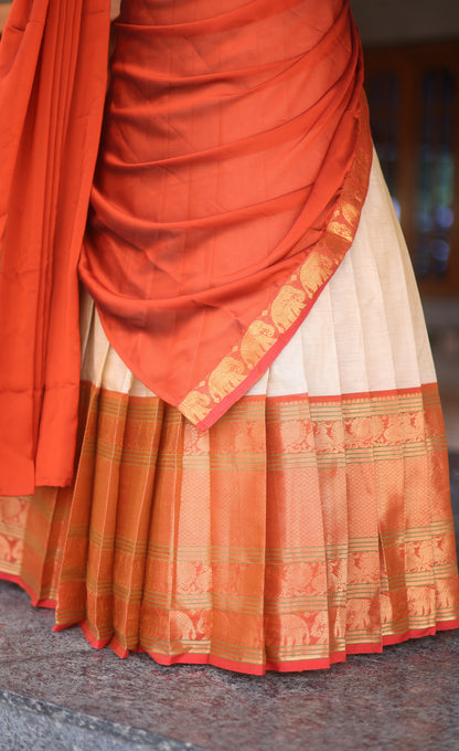 Padmaja Cotton Half Saree - Creamish beige and Rust orange