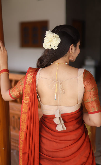 Padmaja Cotton Half Saree - Creamish beige and Rust orange