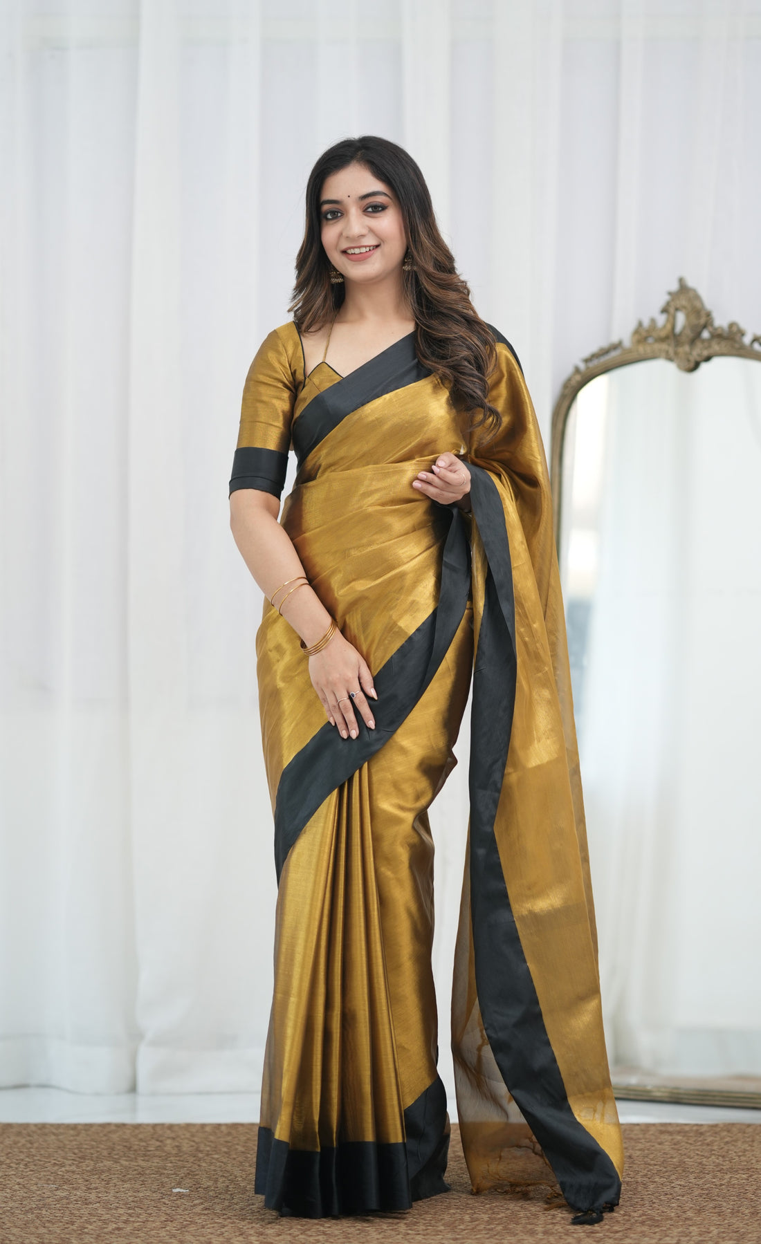 Vinathi - Antique Gold and Black Tissue Organza Saree