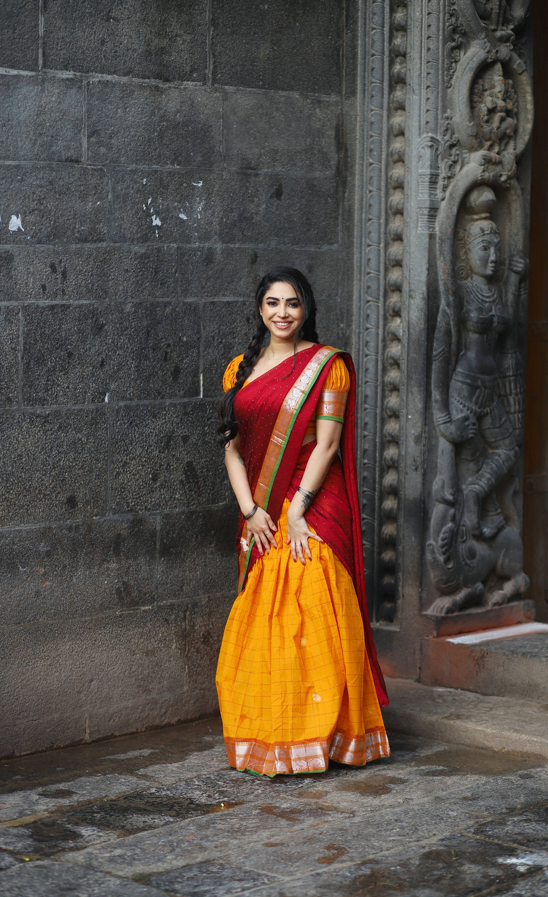 Padmaja Cotton Half Saree - Orange and Red