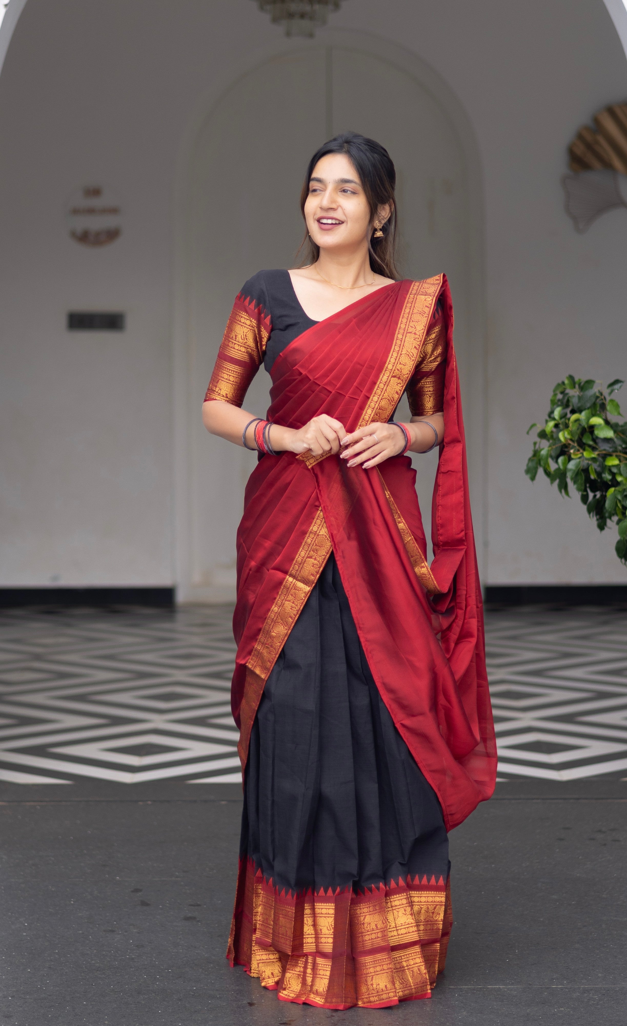 Padmaja Cotton Half Saree - Black and Maroon