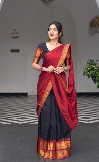 Padmaja Cotton Half Saree - Black and Maroon