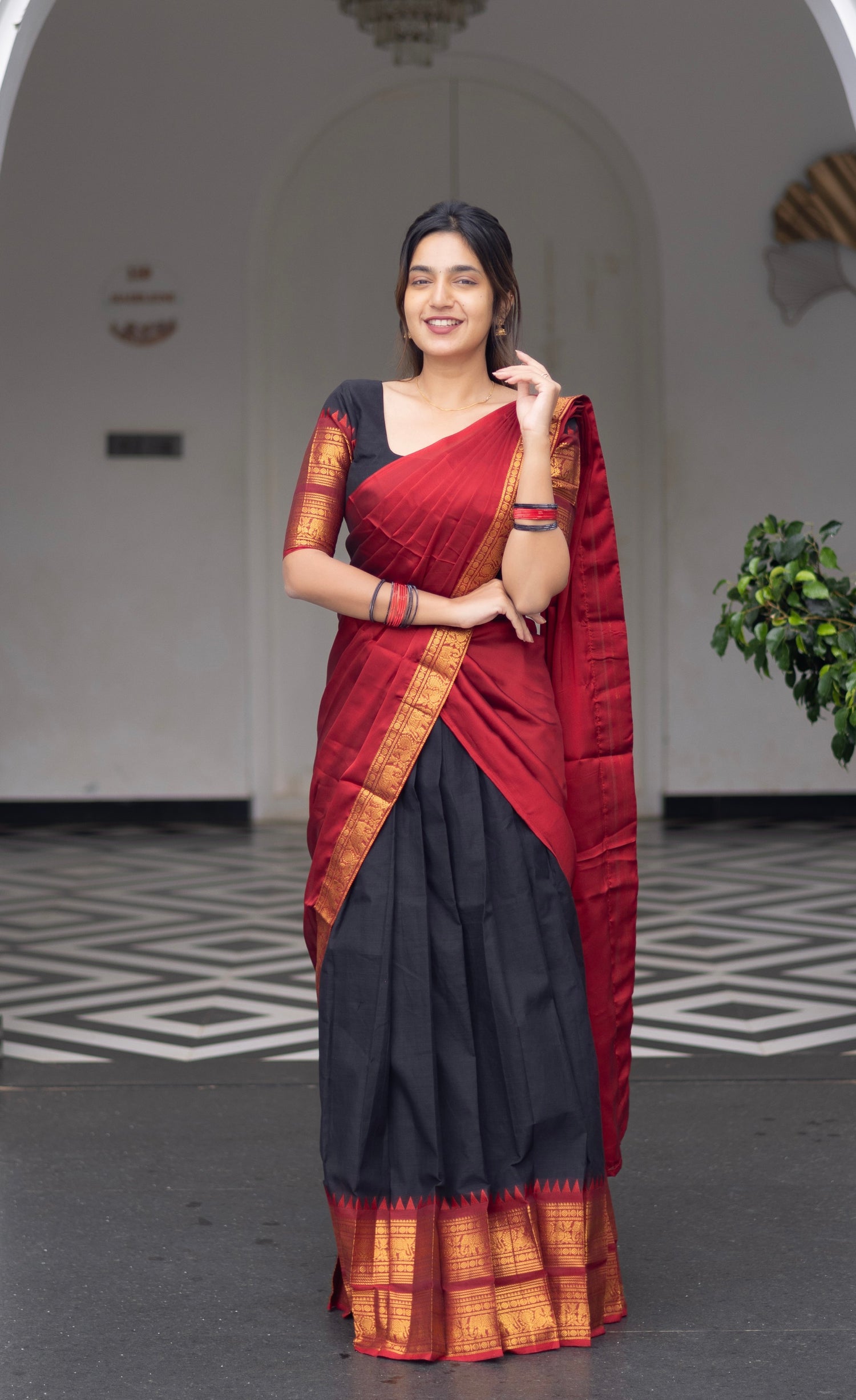 Padmaja Cotton Half Saree - Black and Maroon