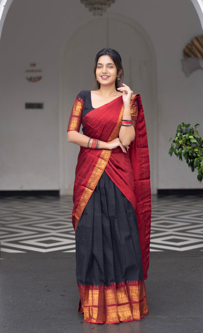 Padmaja Cotton Half Saree - Black and Maroon