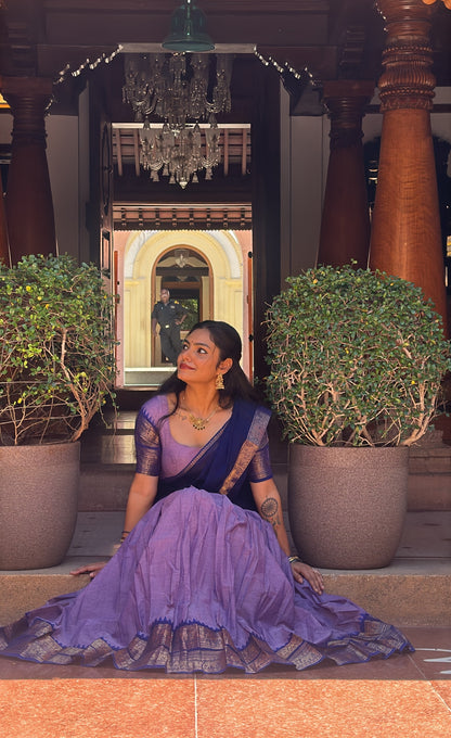Padmaja Cotton Half Saree - Lavender and Dark Blue