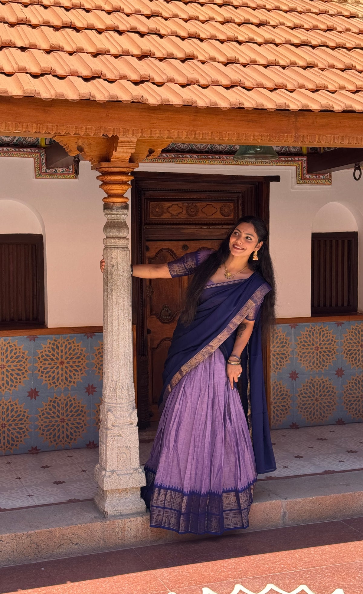 Padmaja Cotton Half Saree - Lavender and Dark Blue