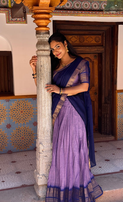 Padmaja Cotton Half Saree - Lavender and Dark Blue
