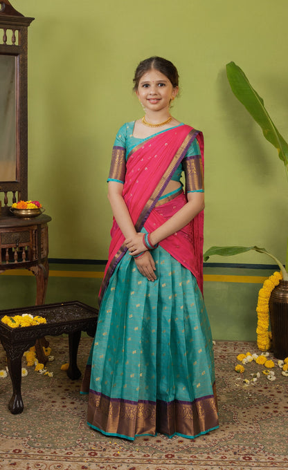 Kumaari Half Saree - Teal  blue and Bright pink