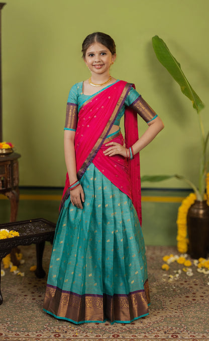 Kumaari Half Saree - Teal  blue and Bright pink