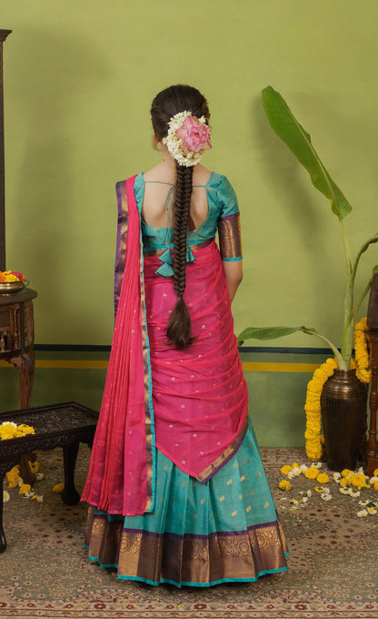 Kumaari Half Saree - Teal  blue and Bright pink