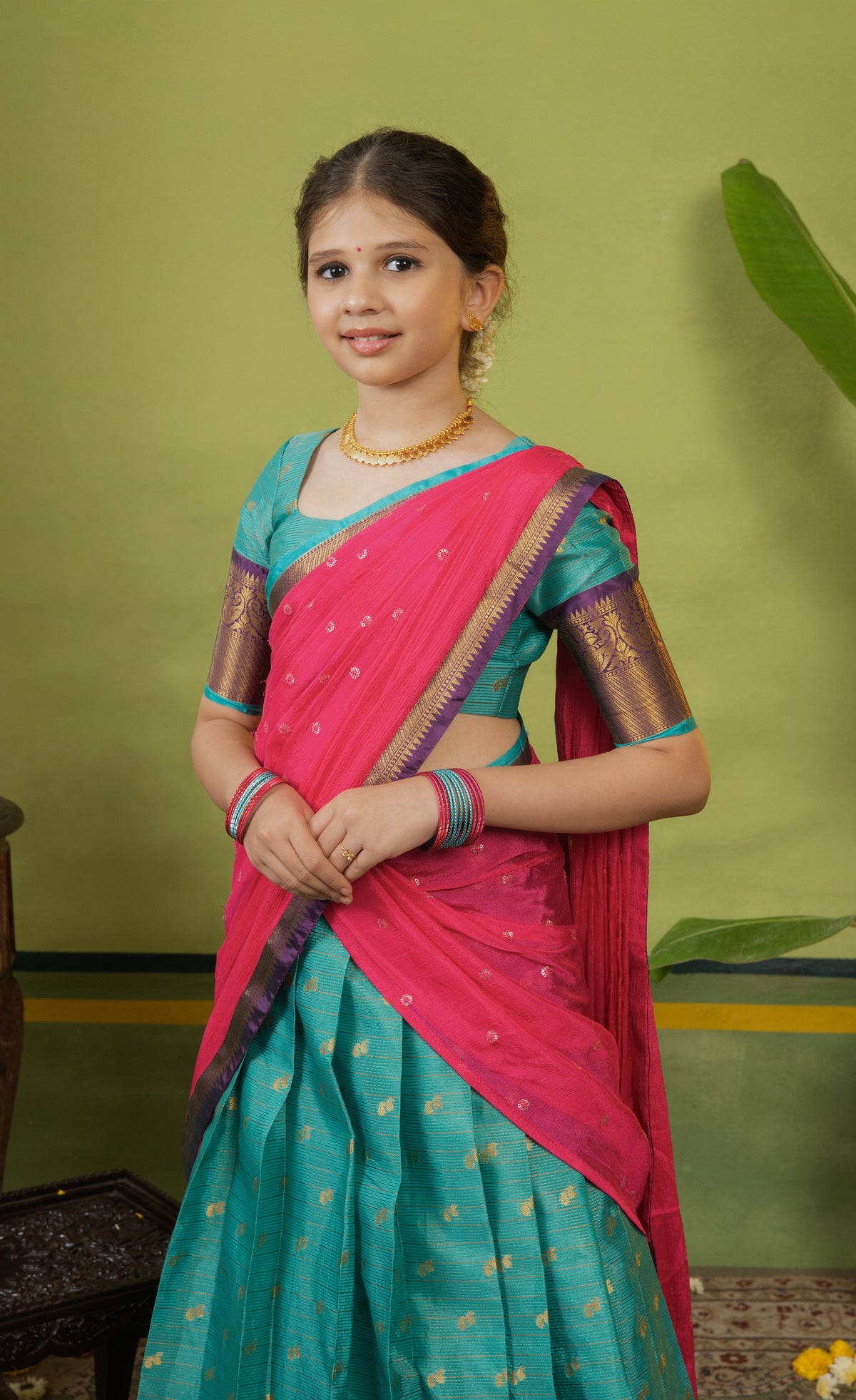 Kumaari Half Saree - Teal  blue and Bright pink