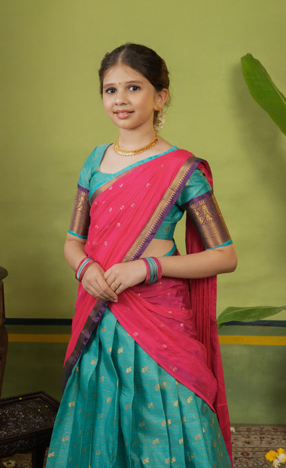 Kumaari Half Saree - Teal  blue and Bright pink