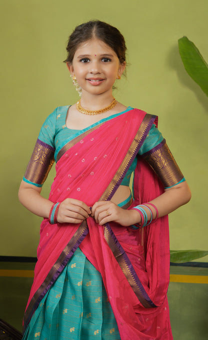 Kumaari Half Saree - Teal  blue and Bright pink