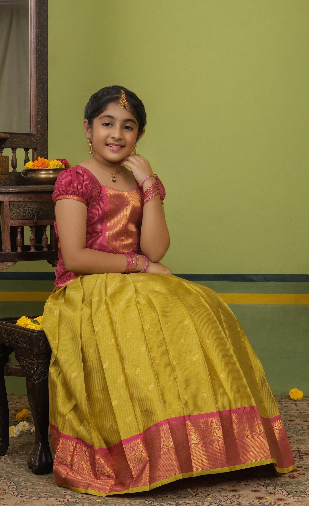 Organza Pavadai Sattai - Henna Yellow and Pinkish Red