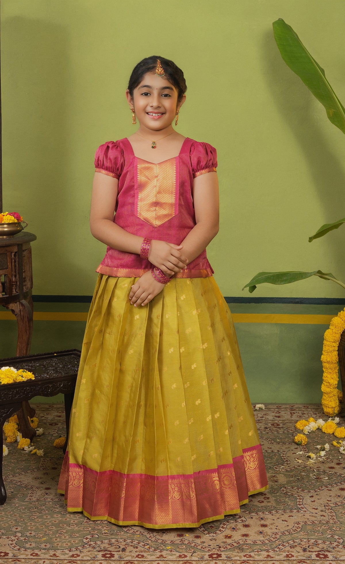 Organza Pavadai Sattai - Henna Yellow and Pinkish Red