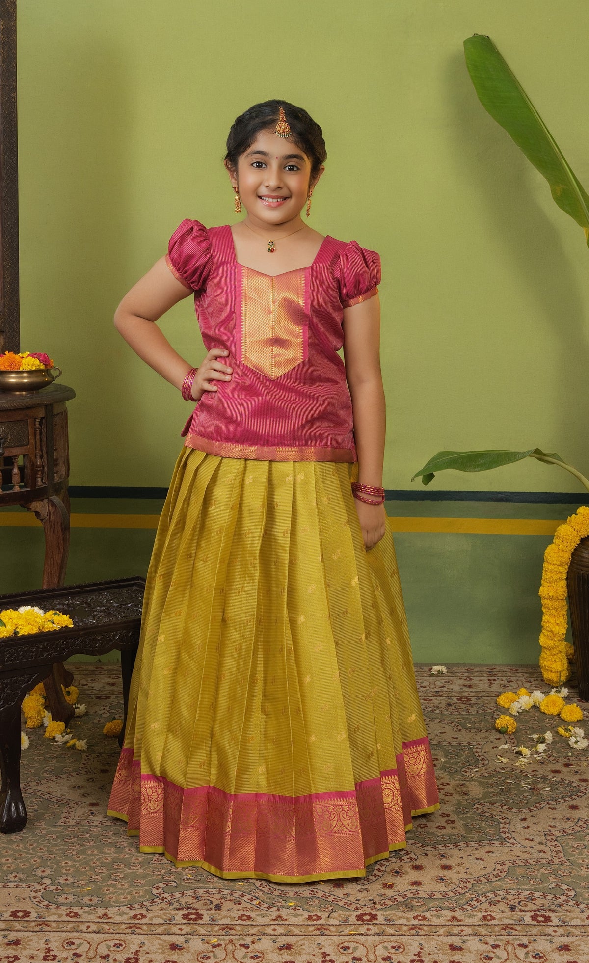 Organza Pavadai Sattai - Henna Yellow and Pinkish Red