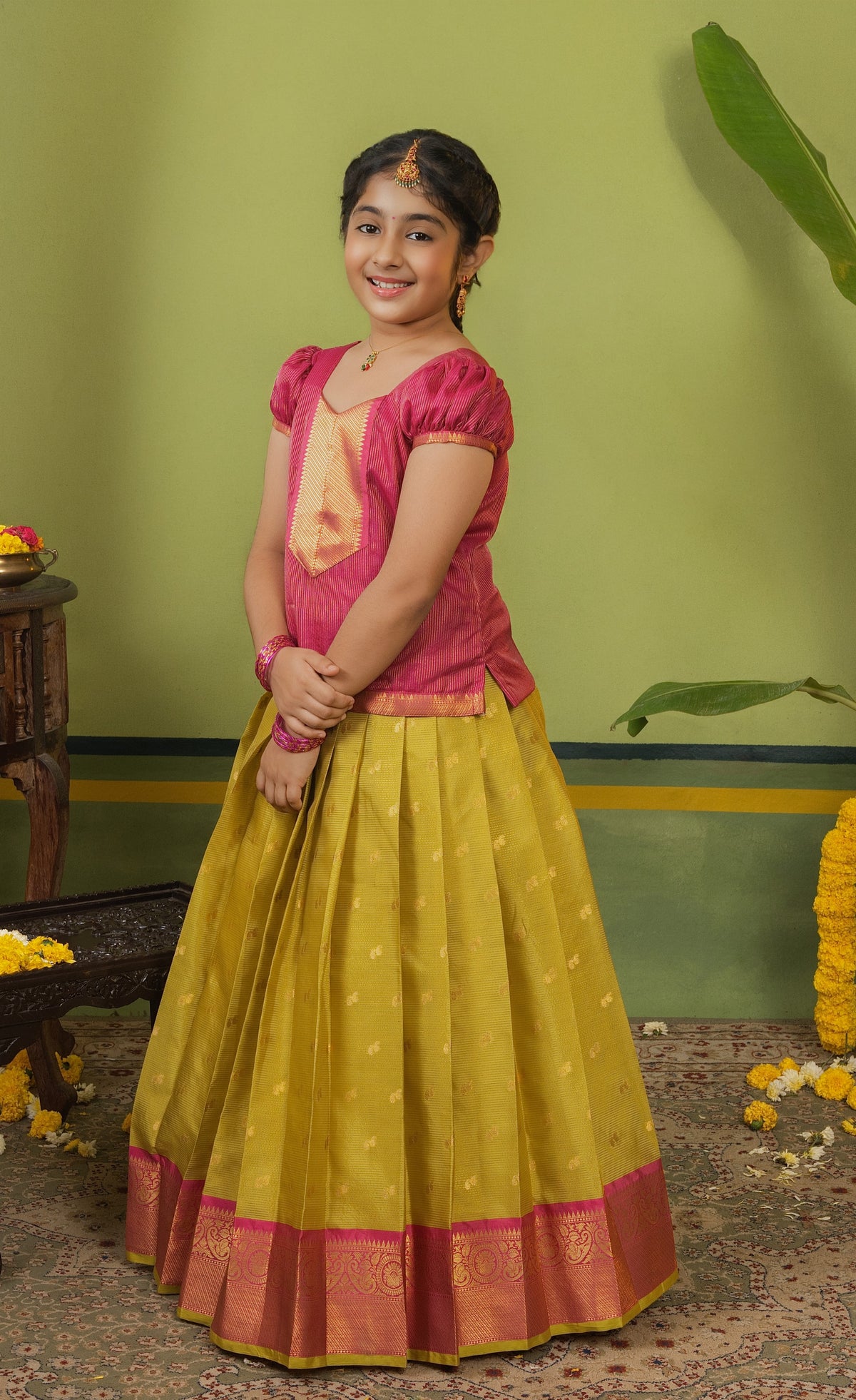 Organza Pavadai Sattai - Henna Yellow and Pinkish Red