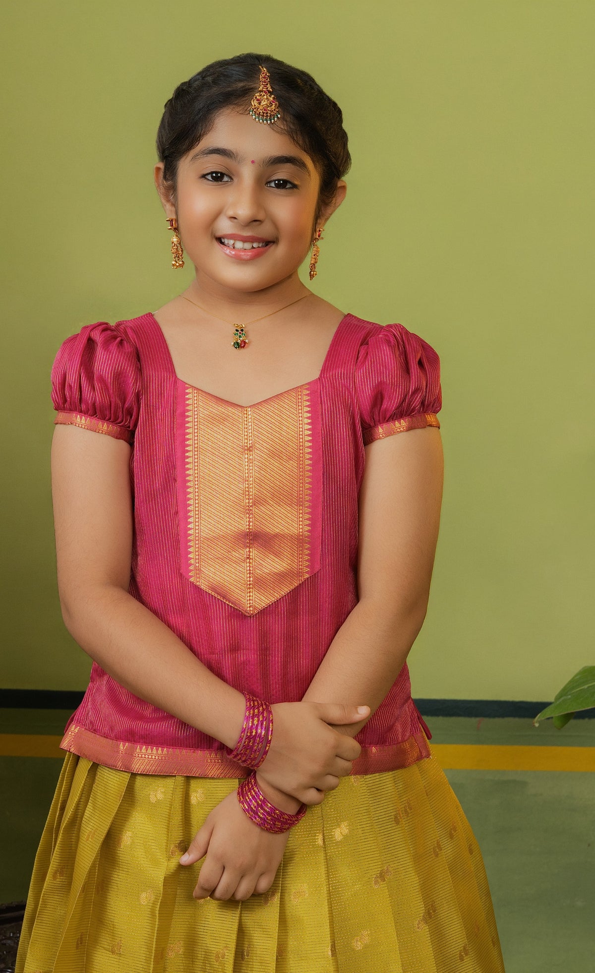 Organza Pavadai Sattai - Henna Yellow and Pinkish Red