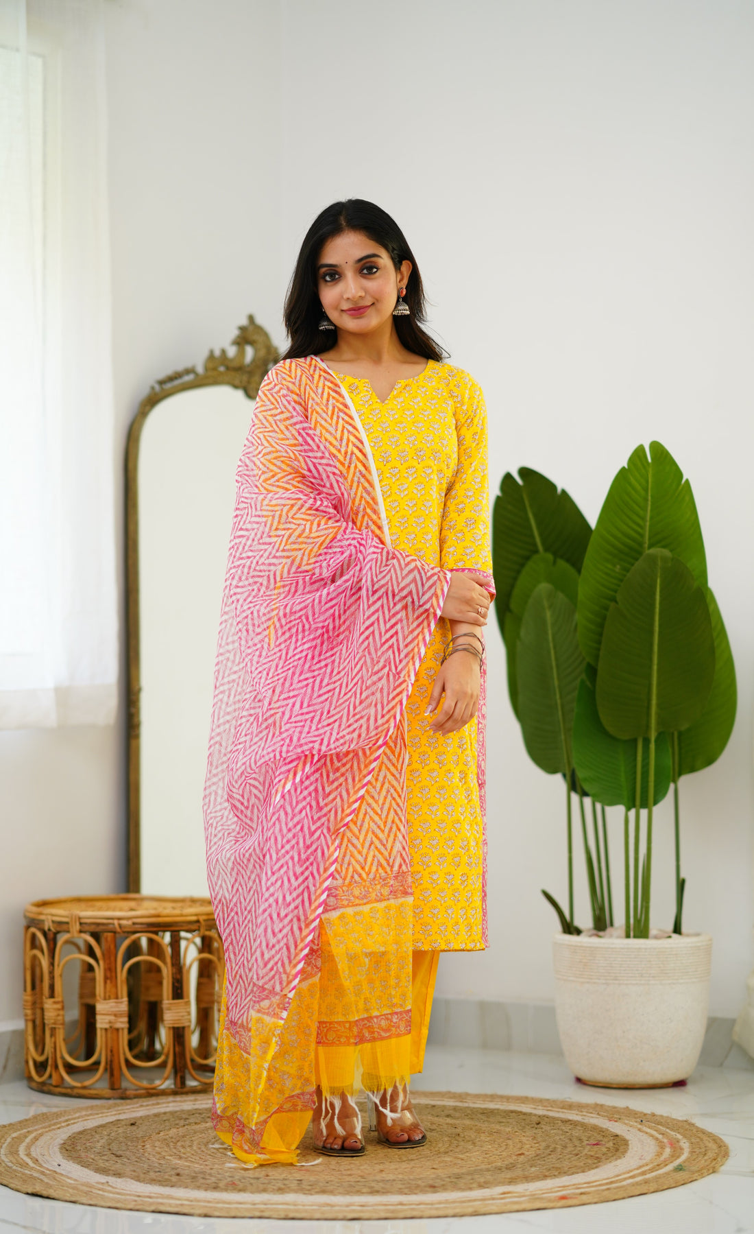 Meera Cotton Salwar - Yellow and Pink