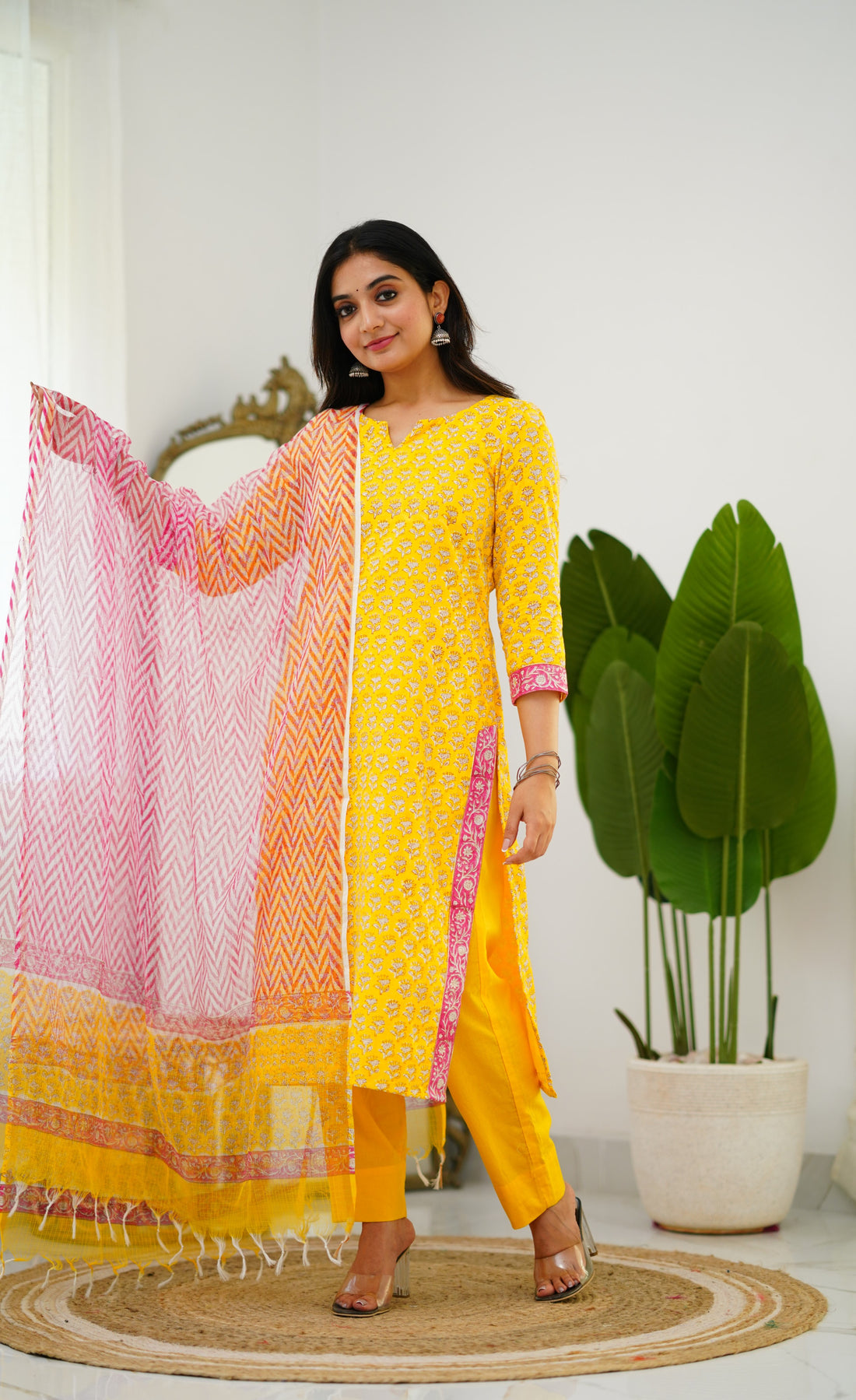 Meera Cotton Salwar - Yellow and Pink