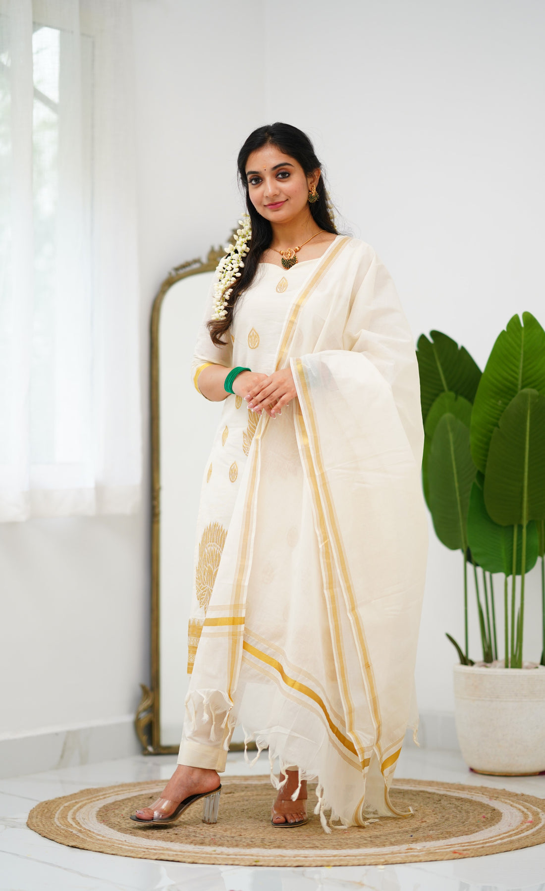 Omana Cotton Tissue Salwar - Offwhite and Gold