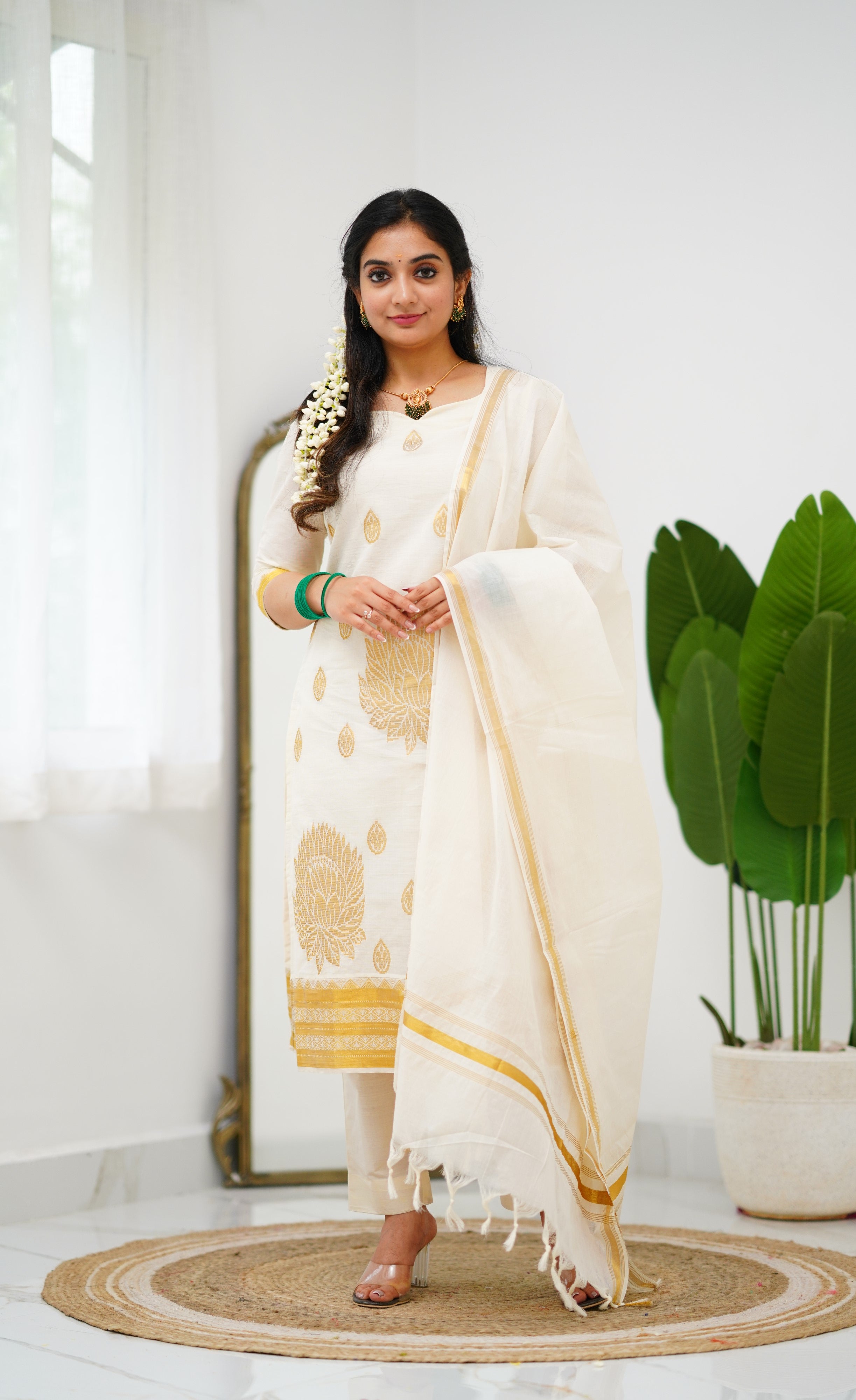 Omana Cotton Tissue Salwar - Offwhite and Gold