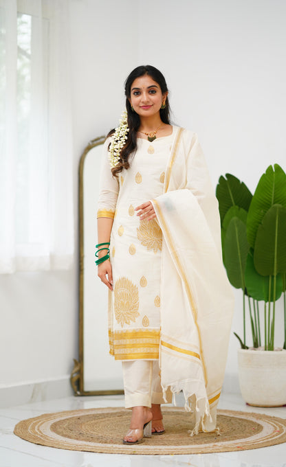 Omana Cotton Tissue Salwar - Offwhite and Gold