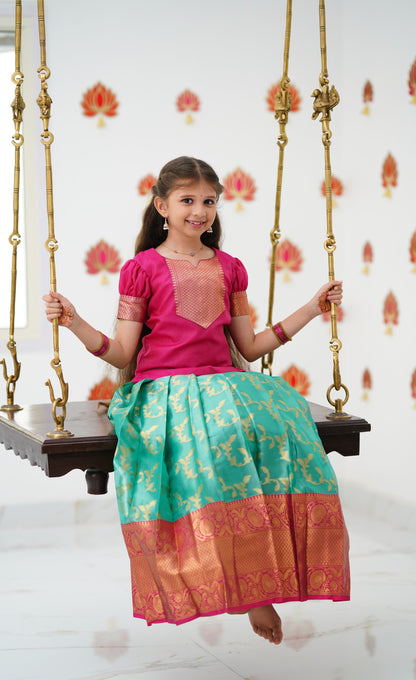 Organza Pavadai Sattai - Teal Green and Dark Pink