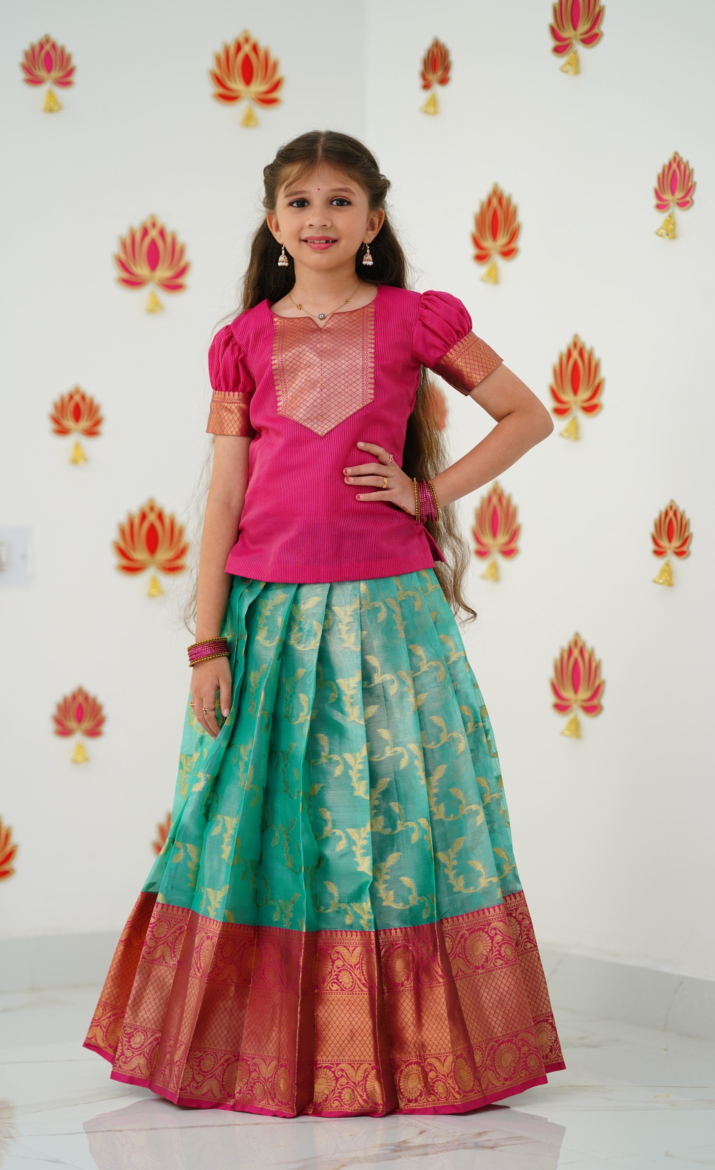 Organza Pavadai Sattai - Teal Green and Dark Pink