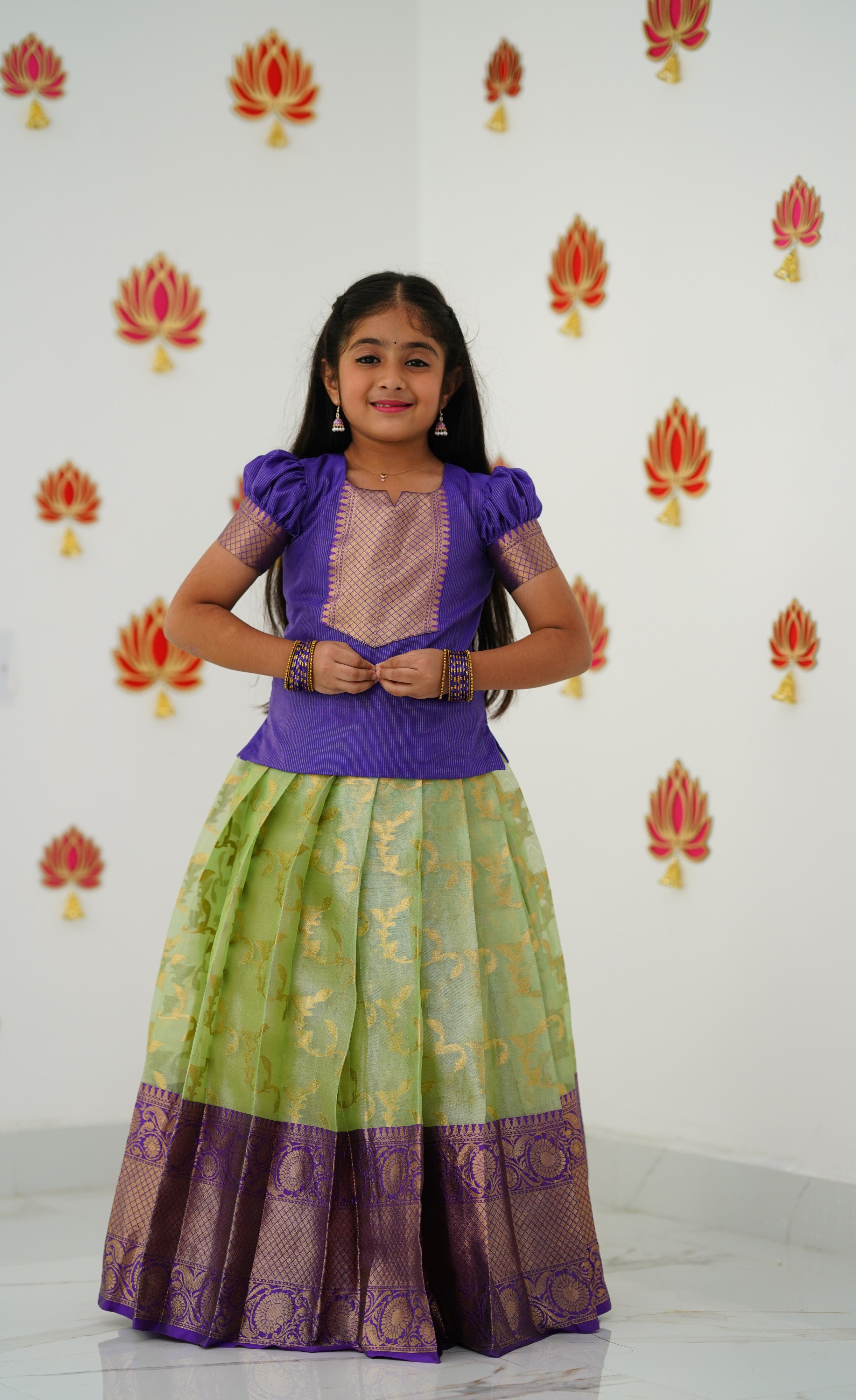 Organza Pavadai Sattai - Pastel Green and Purple